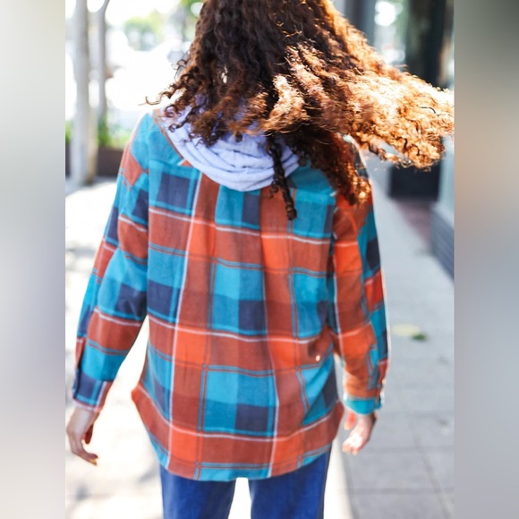 Teal Blue, & Orange Plaid Button Down Hooded Flannel, Medium Shacket, USA Made - Picture 11 of 14
